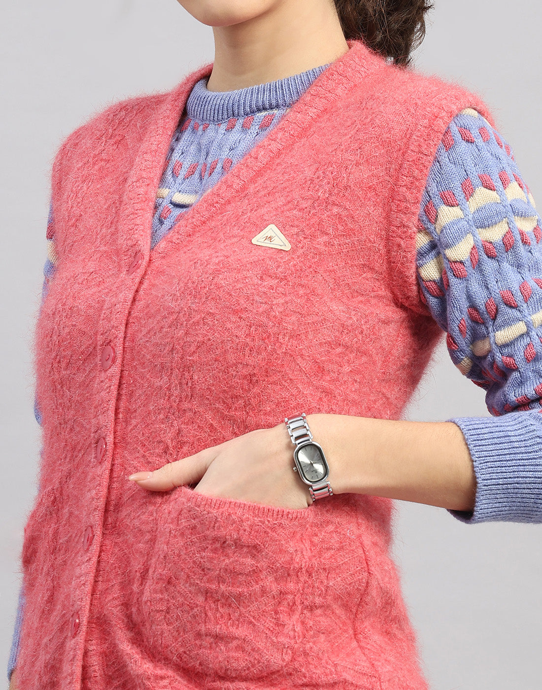 Women Pink Self Design V Neck Sleeveless Cardigan