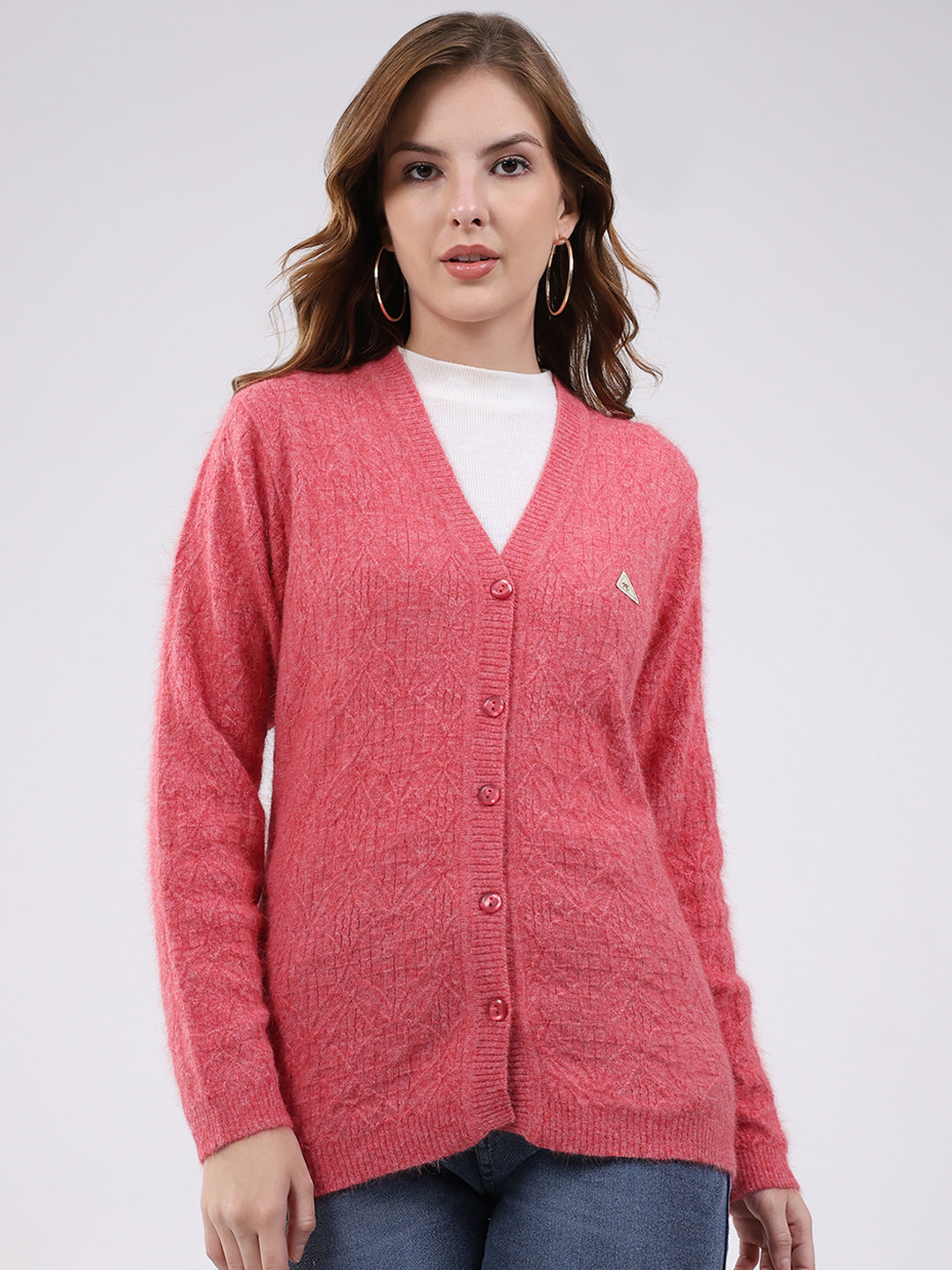 Women Rose Pink Self Design V Neck Full Sleeve Cardigan
