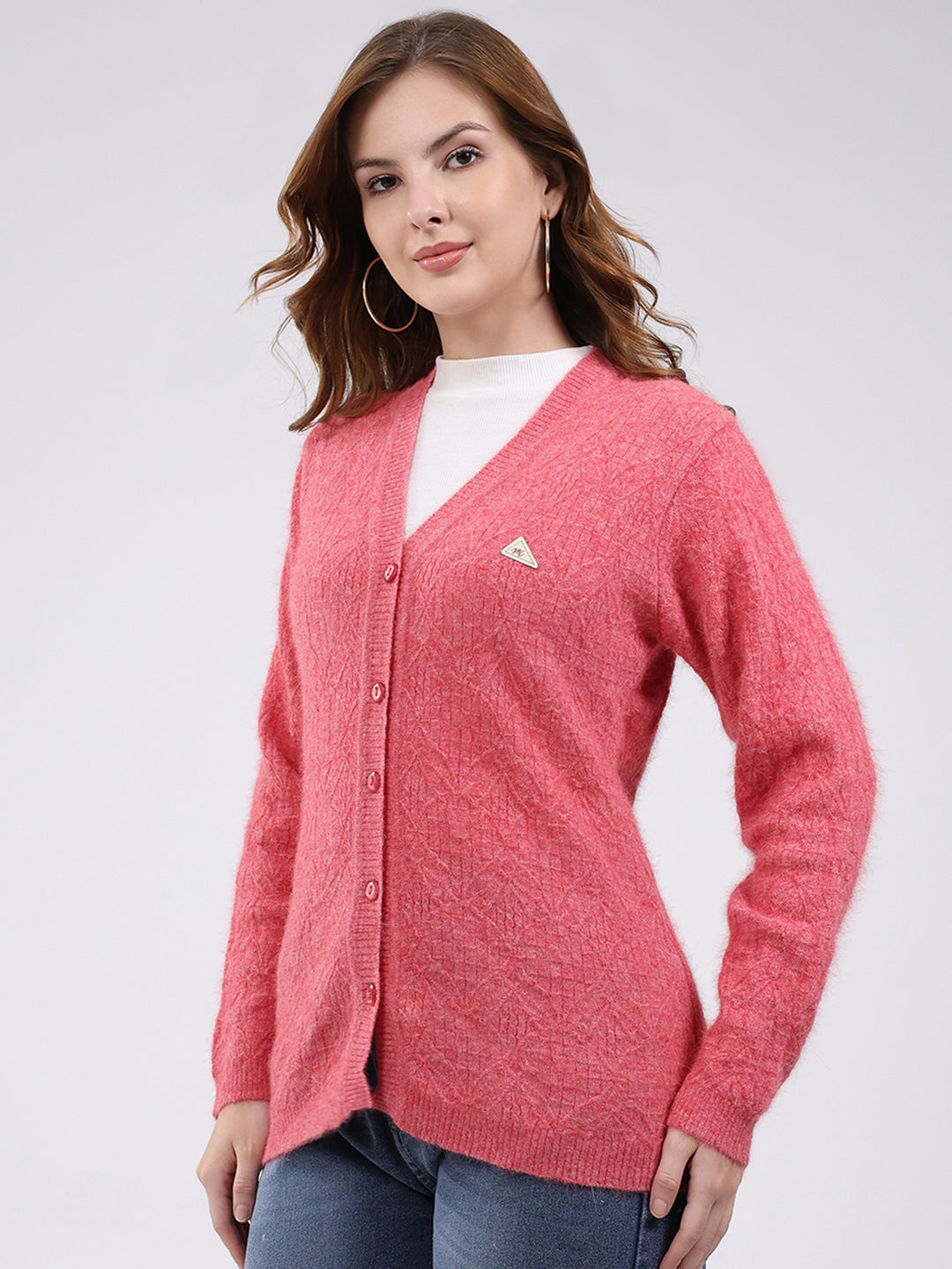 Women Rose Pink Self Design V Neck Full Sleeve Cardigan