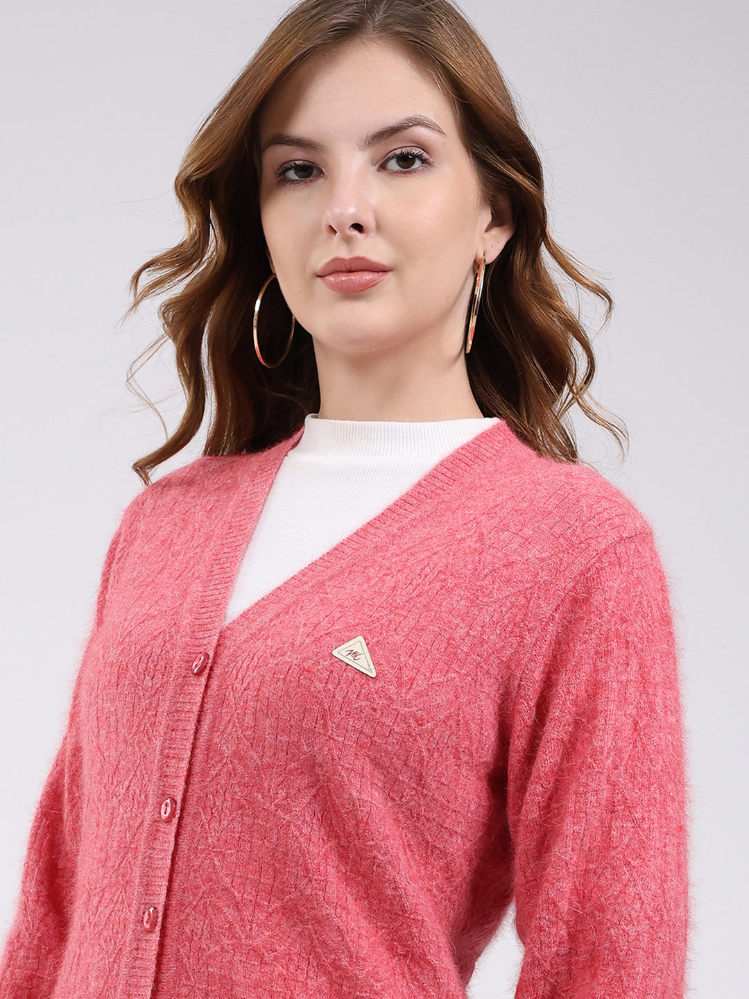 Women Rose Pink Self Design V Neck Full Sleeve Cardigan