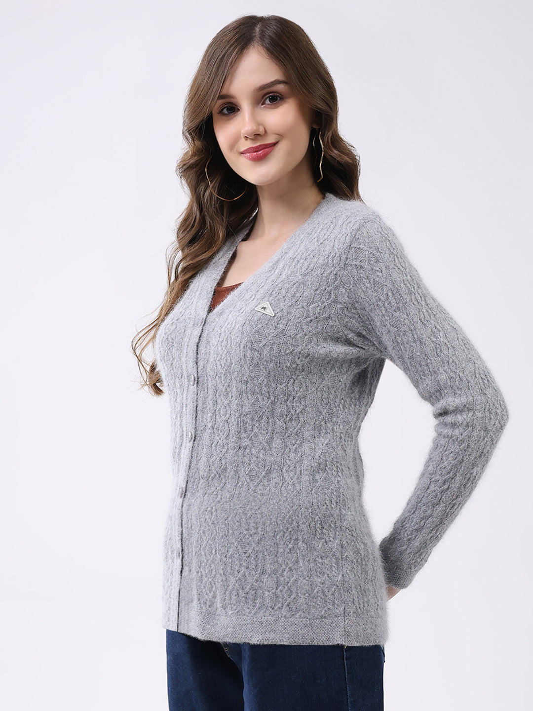 Women Light Grey Self Design V Neck Full Sleeve Cardigan