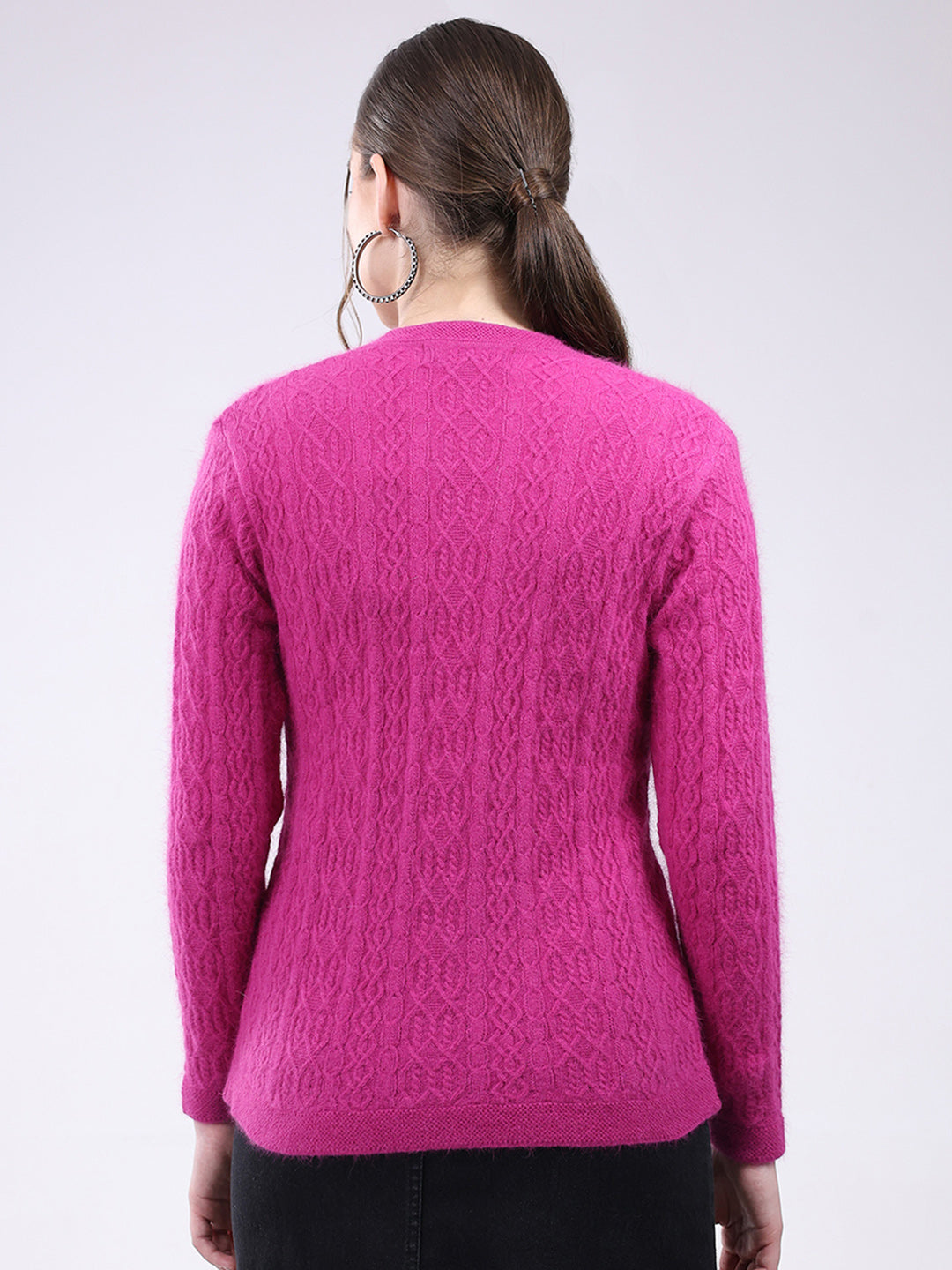 Women Magenta Self Design V Neck Full Sleeve Cardigan