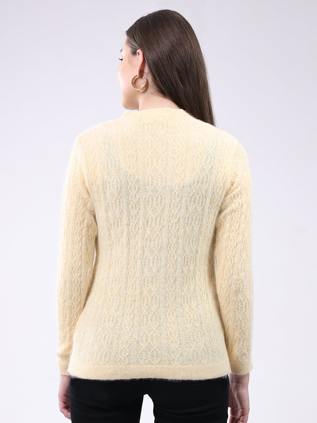 Women Yellow Self Design V Neck Full Sleeve Cardigan