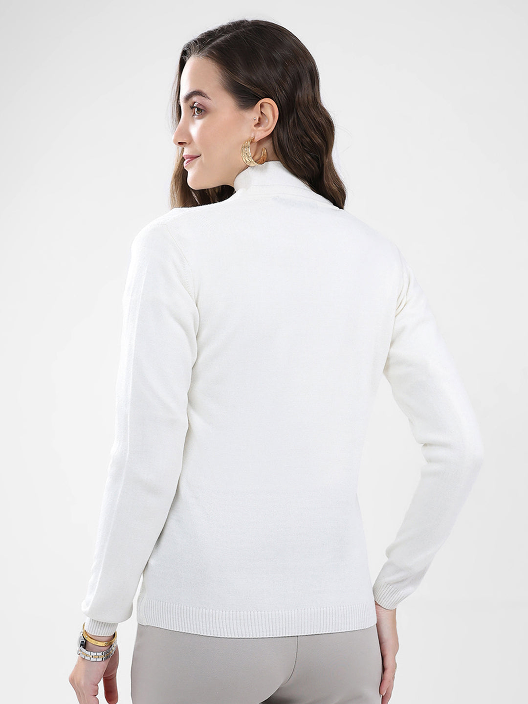 Women White Self Design V Neck Full Sleeve Cardigan