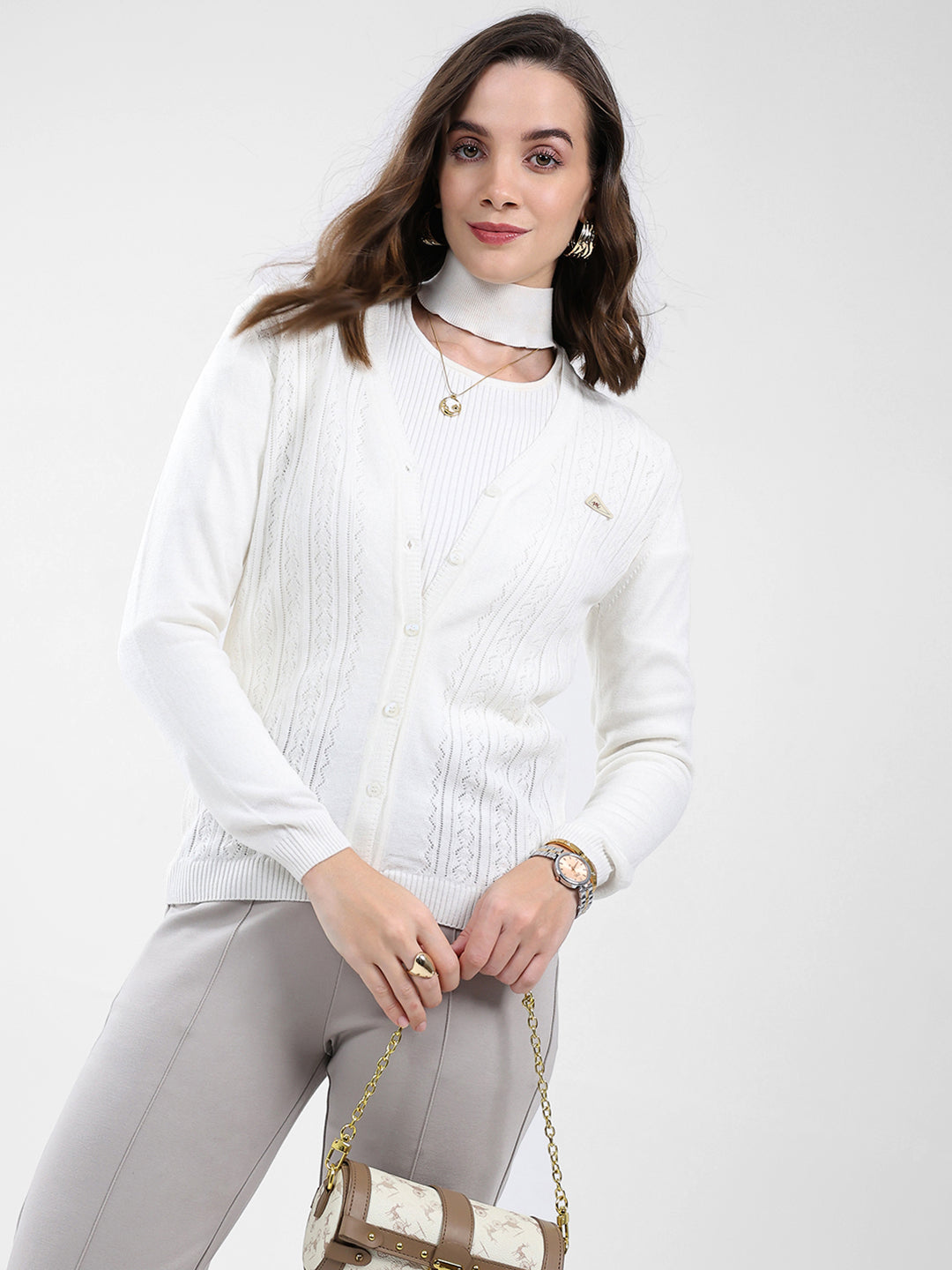 Women White Self Design V Neck Full Sleeve Cardigan