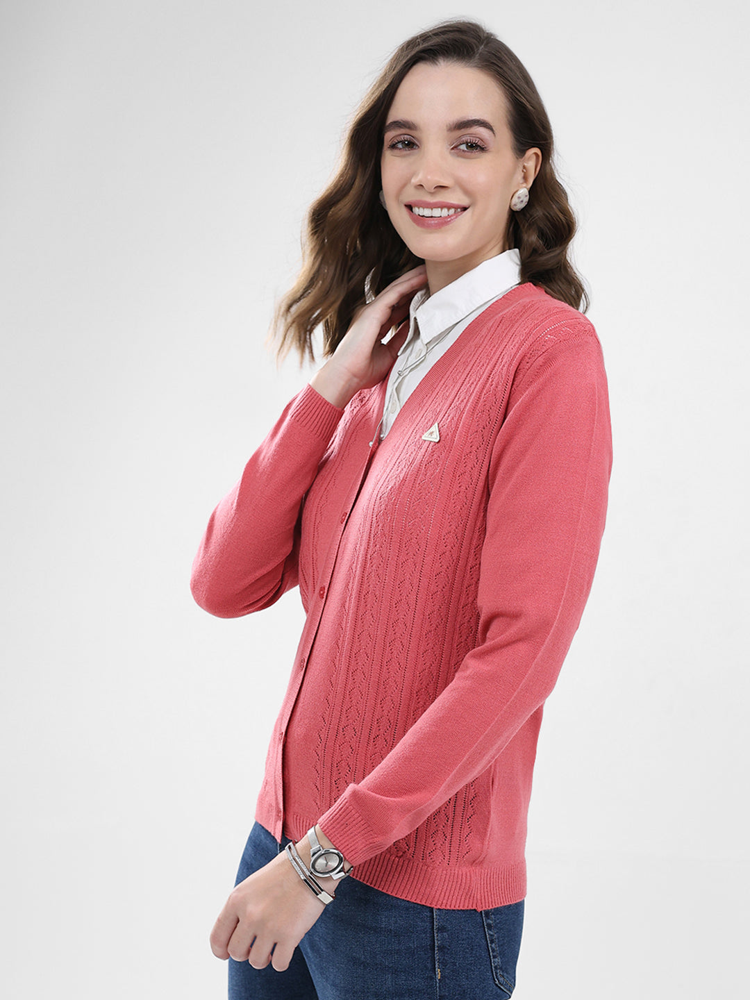 Women Pink Self Design V Neck Full Sleeve Cardigan