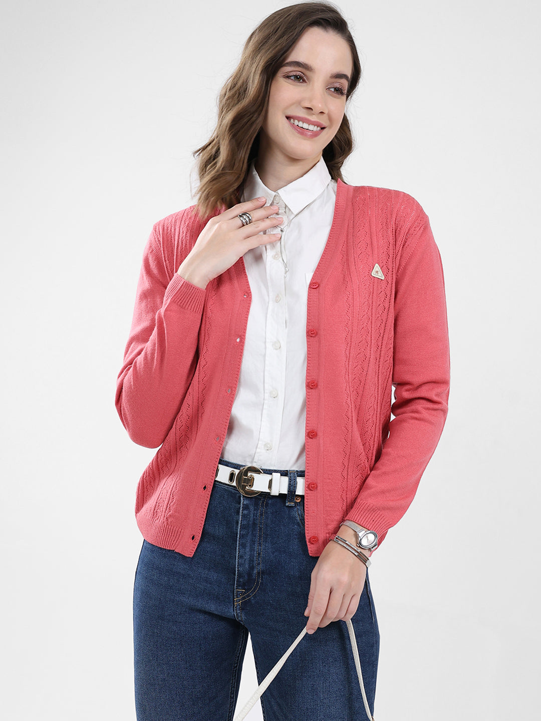 Women Pink Self Design V Neck Full Sleeve Cardigan