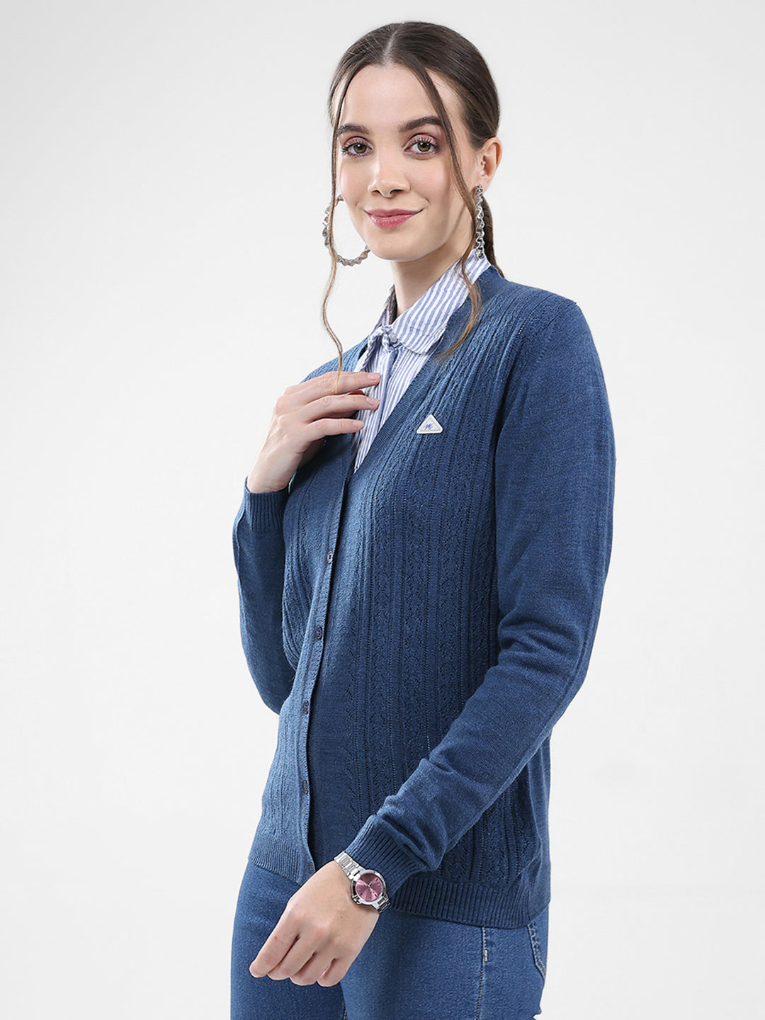 Women Blue Self Design V Neck Full Sleeve Cardigan