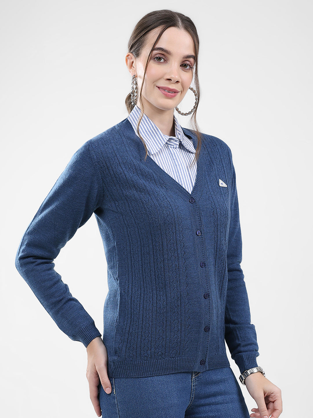 Women Blue Self Design V Neck Full Sleeve Cardigan