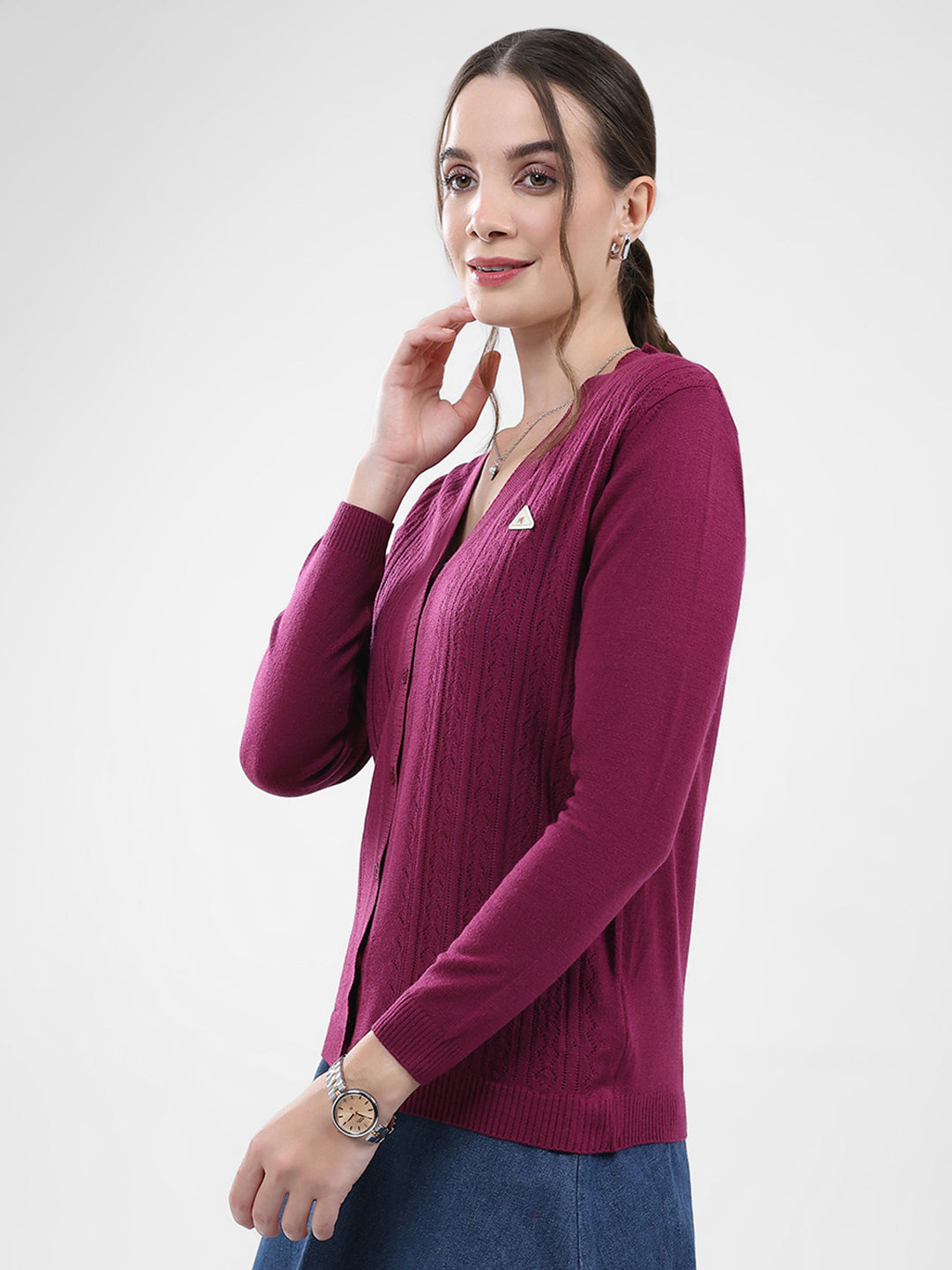 Women Magenta Self Design V Neck Full Sleeve Cardigan