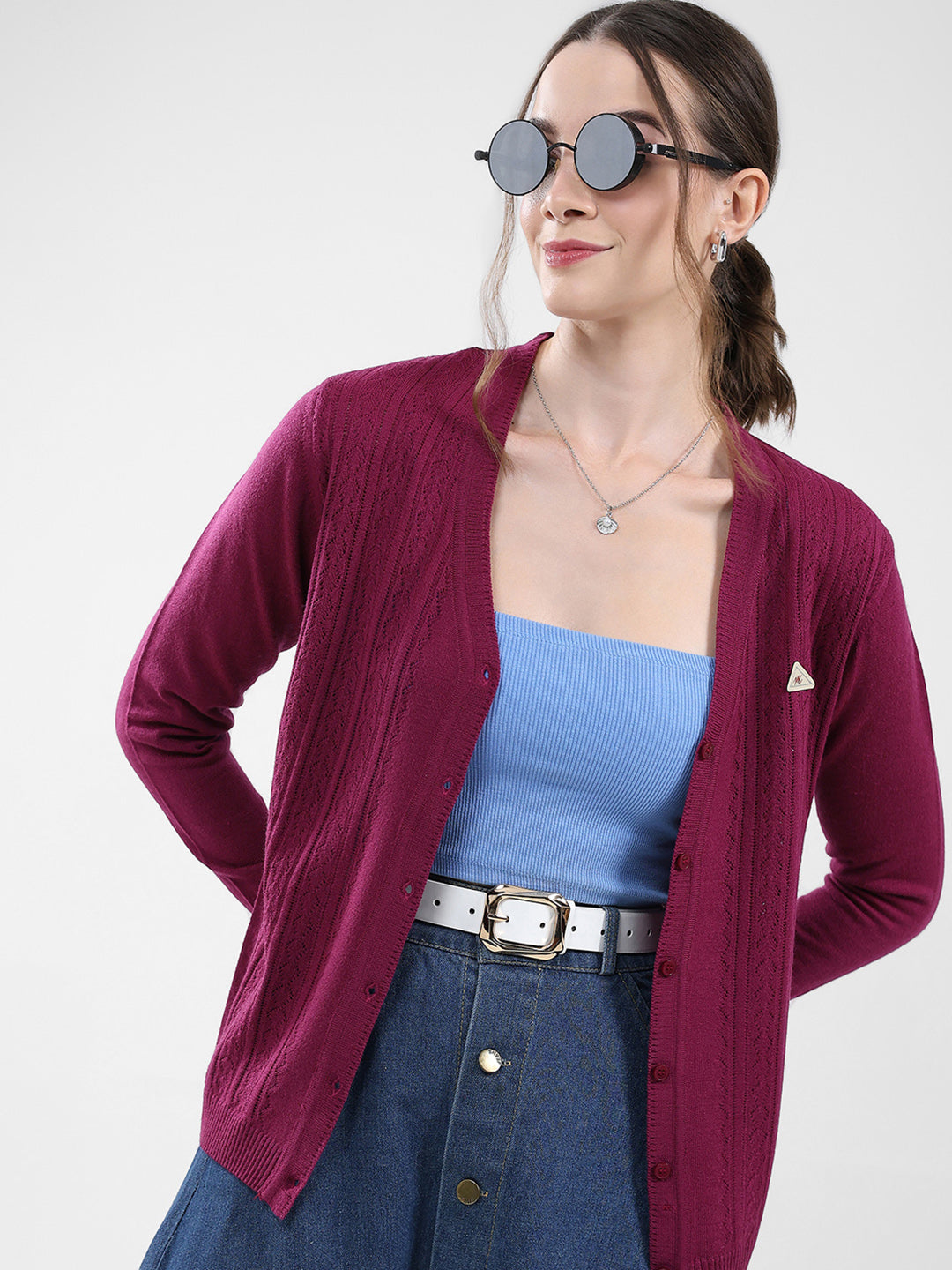 Women Magenta Self Design V Neck Full Sleeve Cardigan