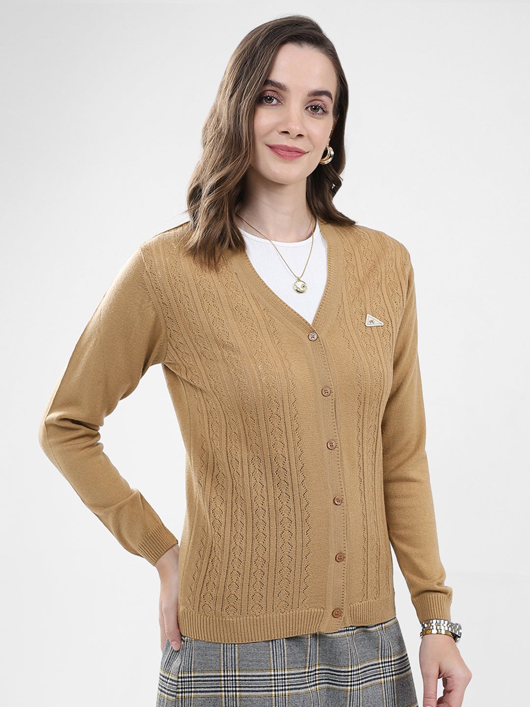 Women Brown Self Design V Neck Full Sleeve Cardigan