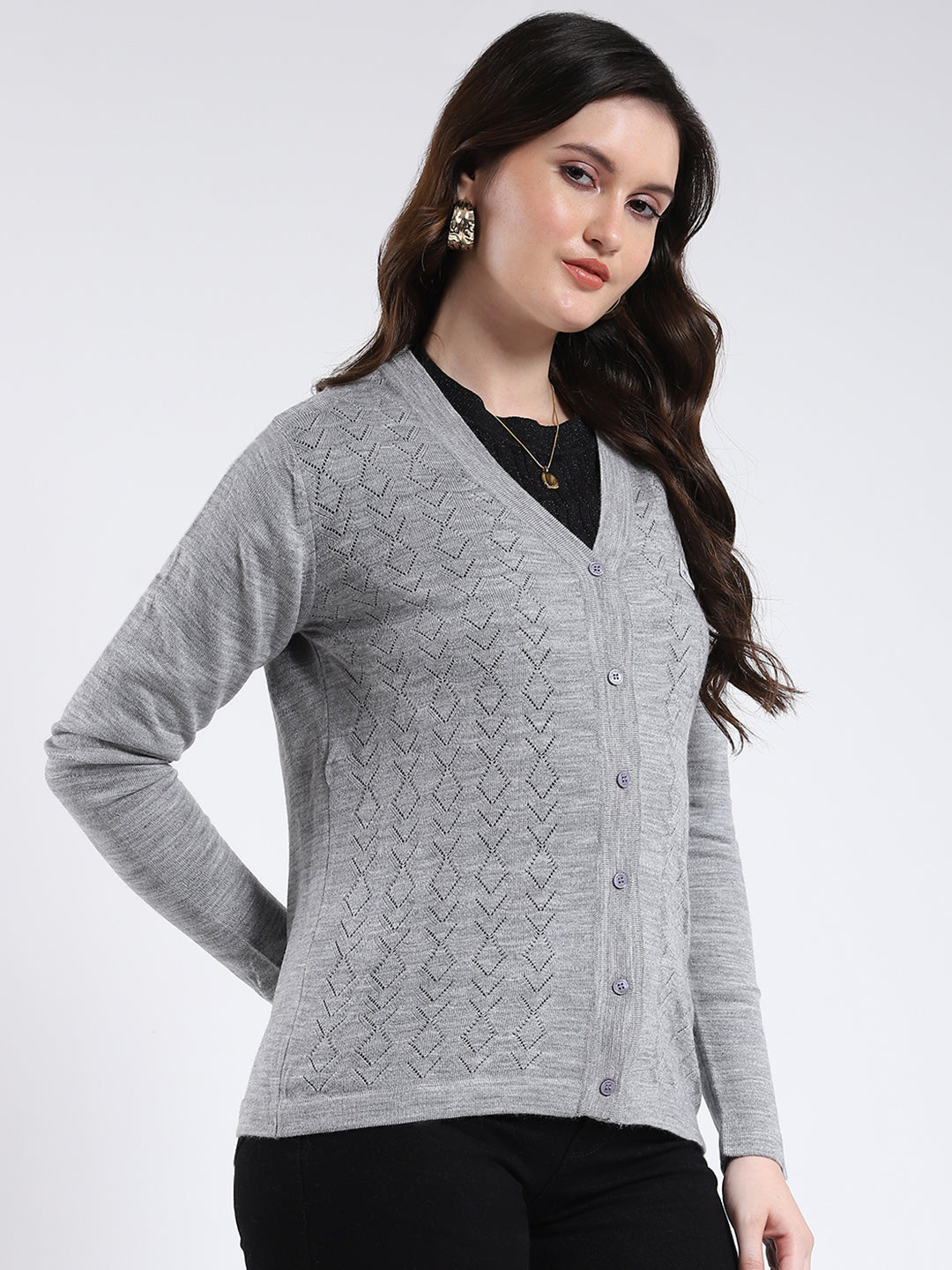 Women Grey Self Design V Neck Full Sleeve Cardigan