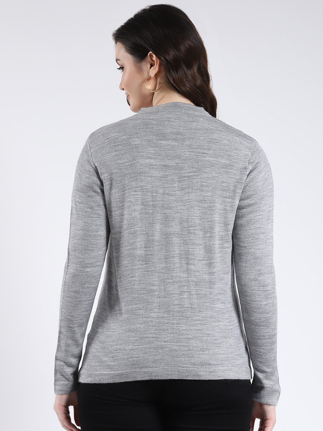 Women Grey Self Design V Neck Full Sleeve Cardigan