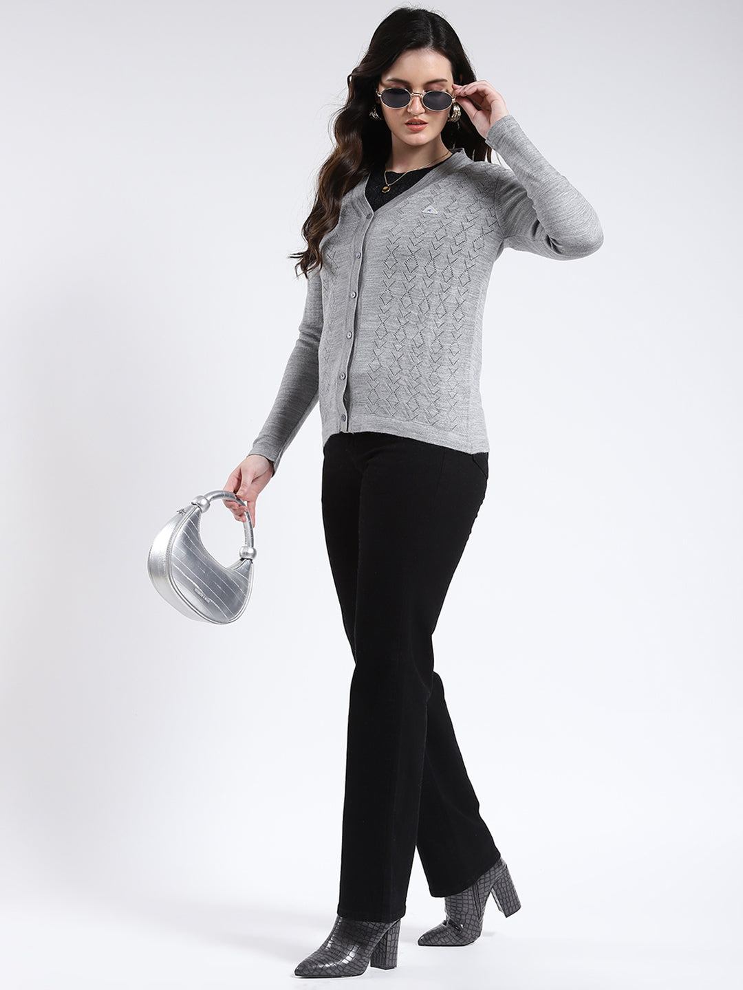 Women Grey Self Design V Neck Full Sleeve Cardigan