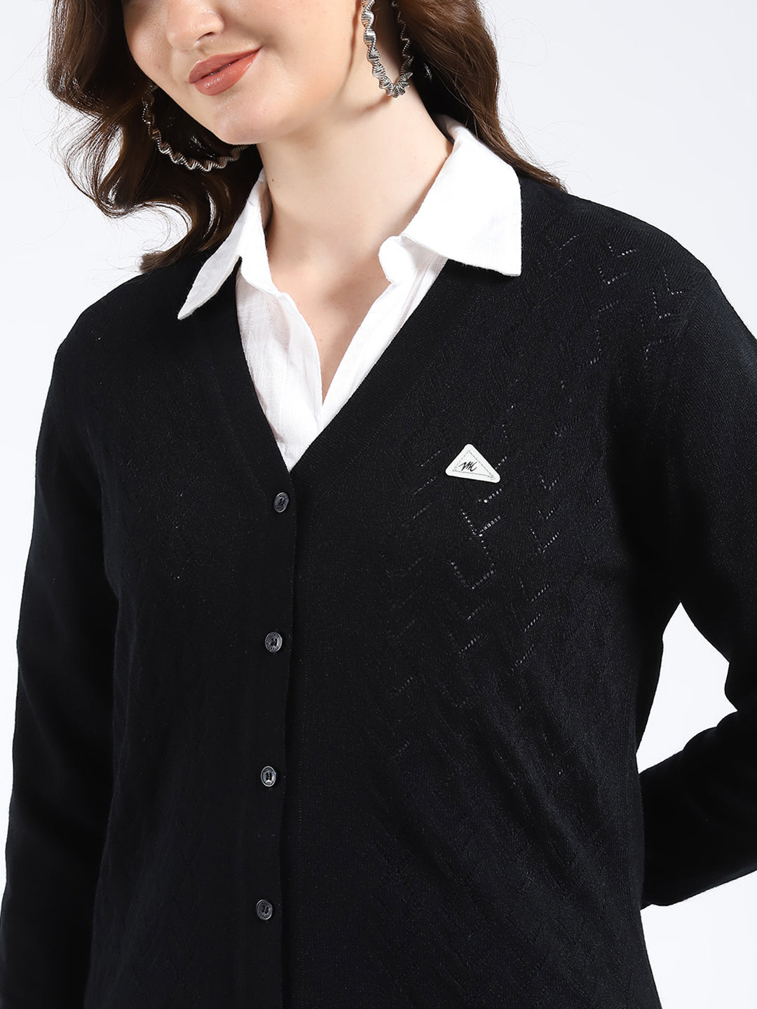 Women Black Self Design V Neck Full Sleeve Cardigan