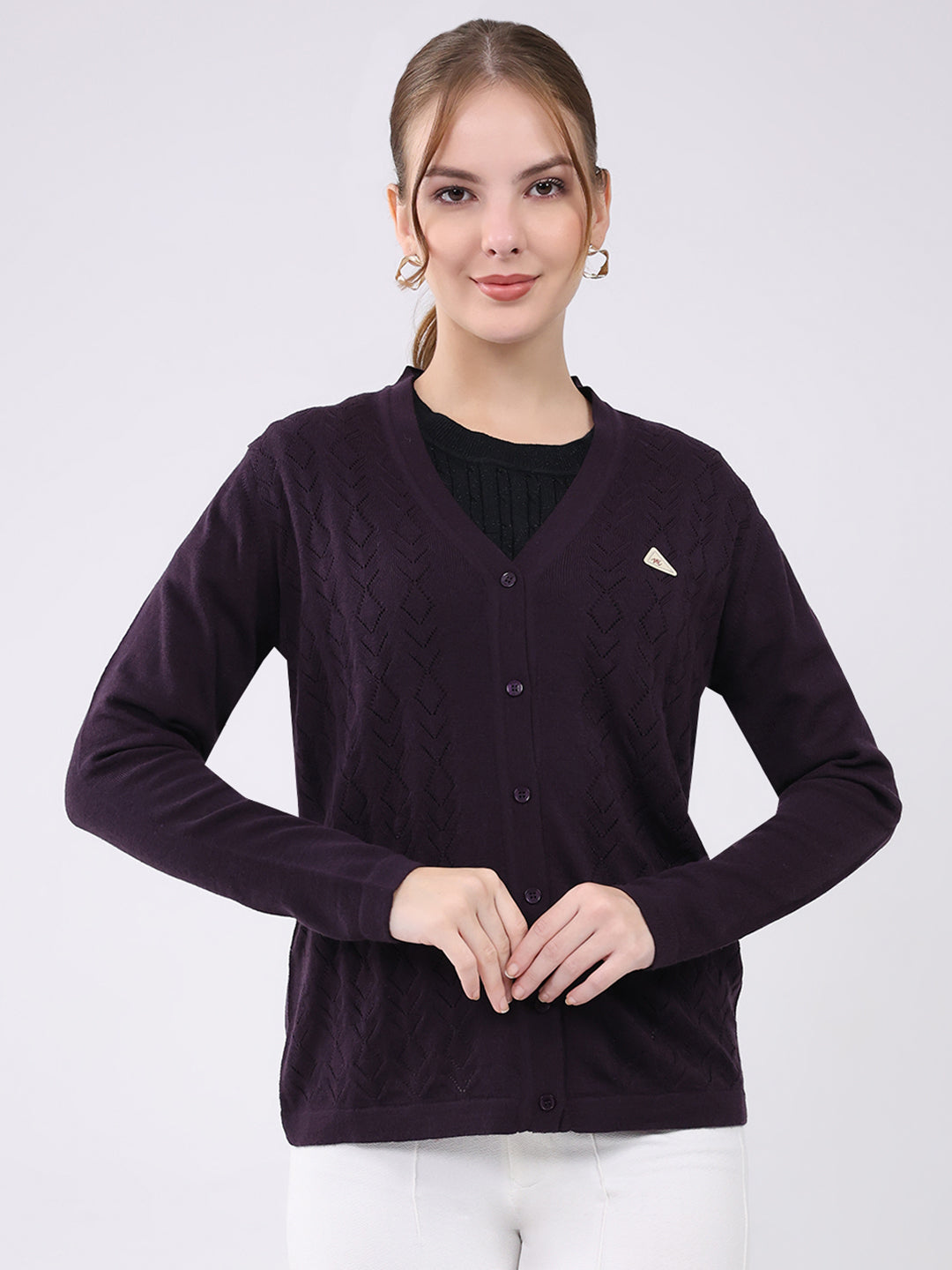 Women Purple Self Design V Neck Full Sleeve Cardigan