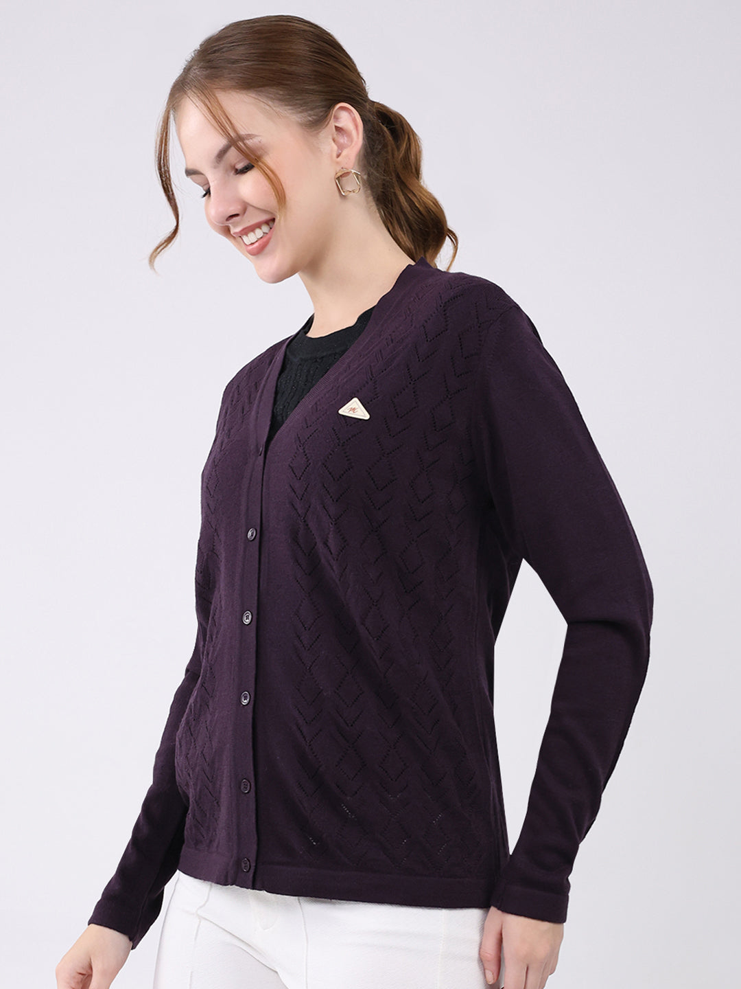 Women Purple Self Design V Neck Full Sleeve Cardigan