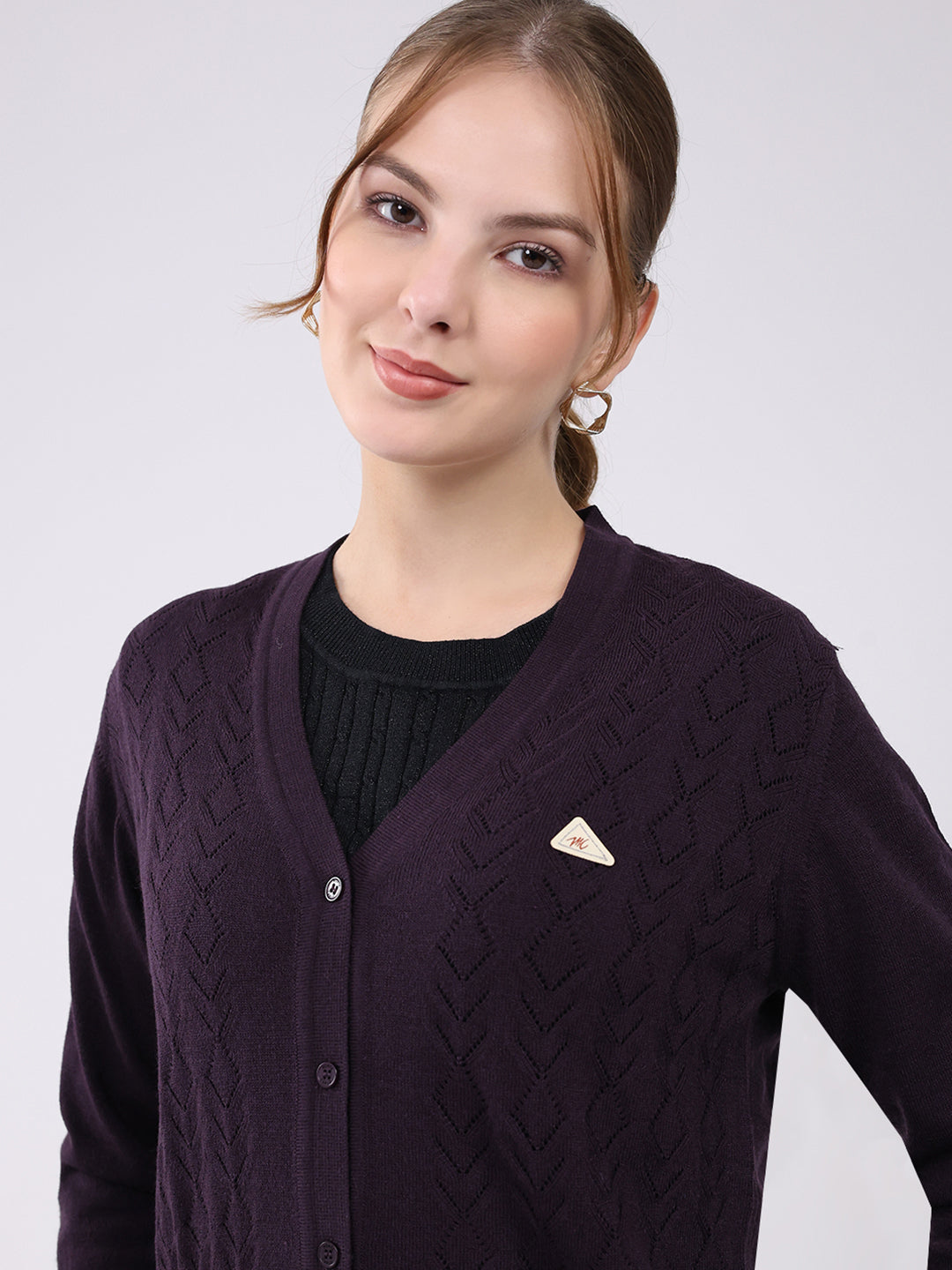 Women Purple Self Design V Neck Full Sleeve Cardigan