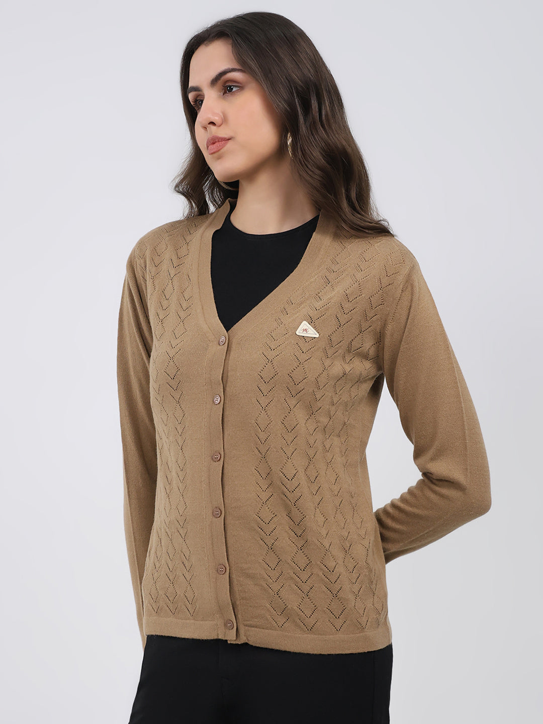 Women Khaki Self Design V Neck Full Sleeve Cardigan