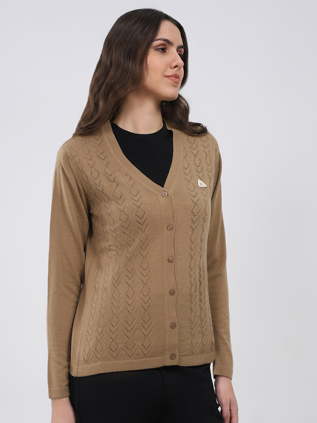 Women Khaki Self Design V Neck Full Sleeve Cardigan