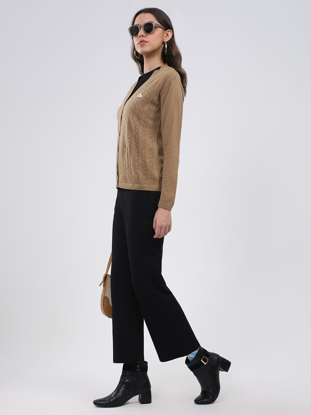 Women Khaki Self Design V Neck Full Sleeve Cardigan