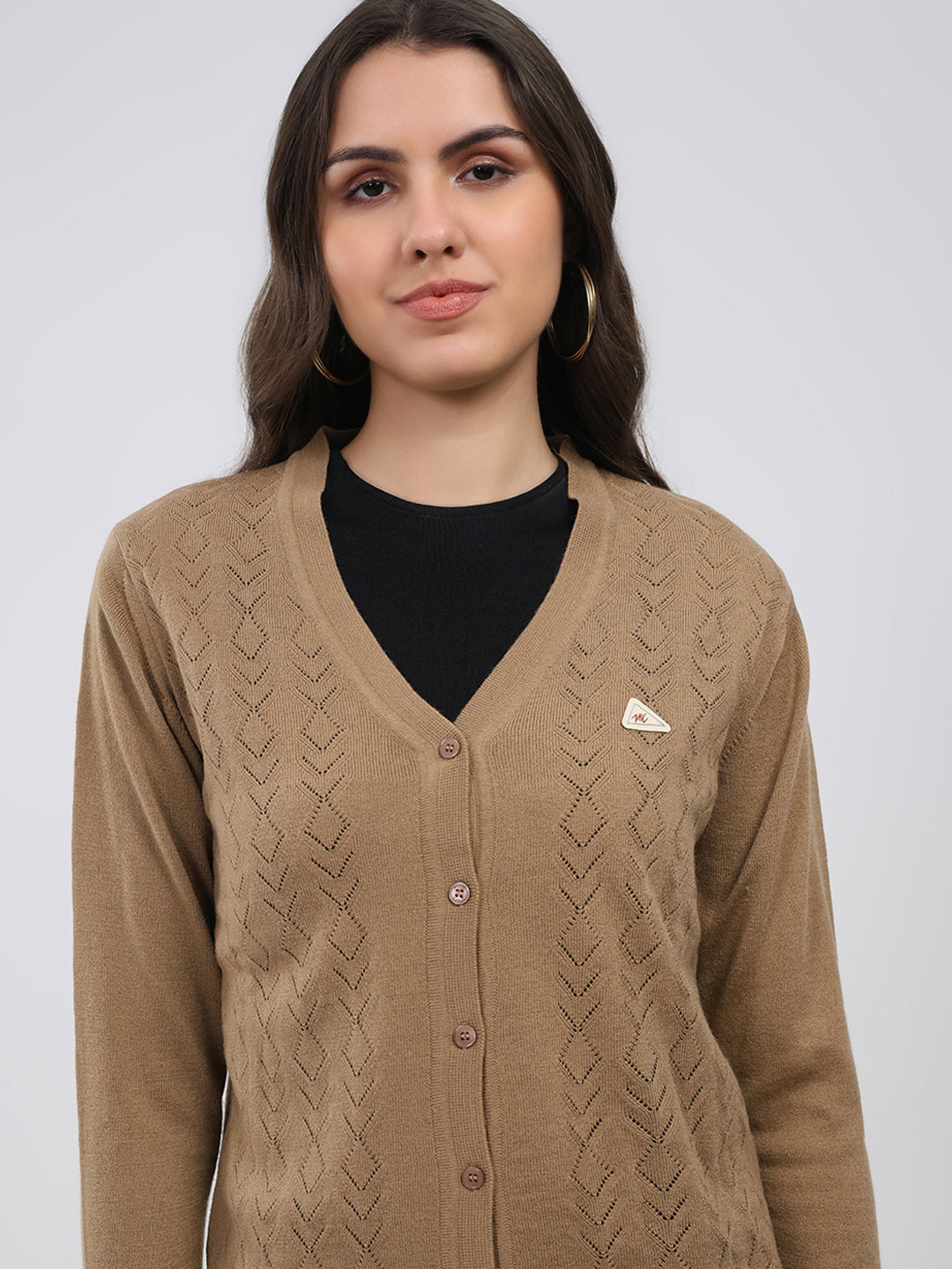 Women Khaki Self Design V Neck Full Sleeve Cardigan