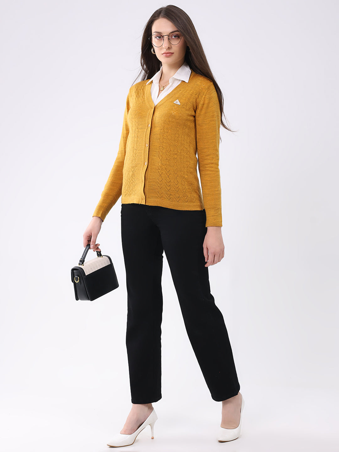 Women Mustard Solid V Neck Full Sleeve Cardigan