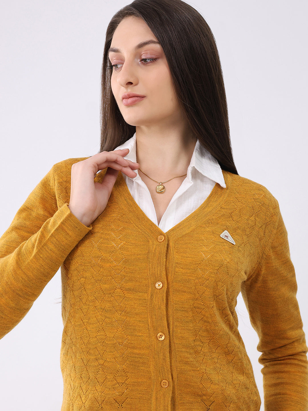 Women Mustard Solid V Neck Full Sleeve Cardigan