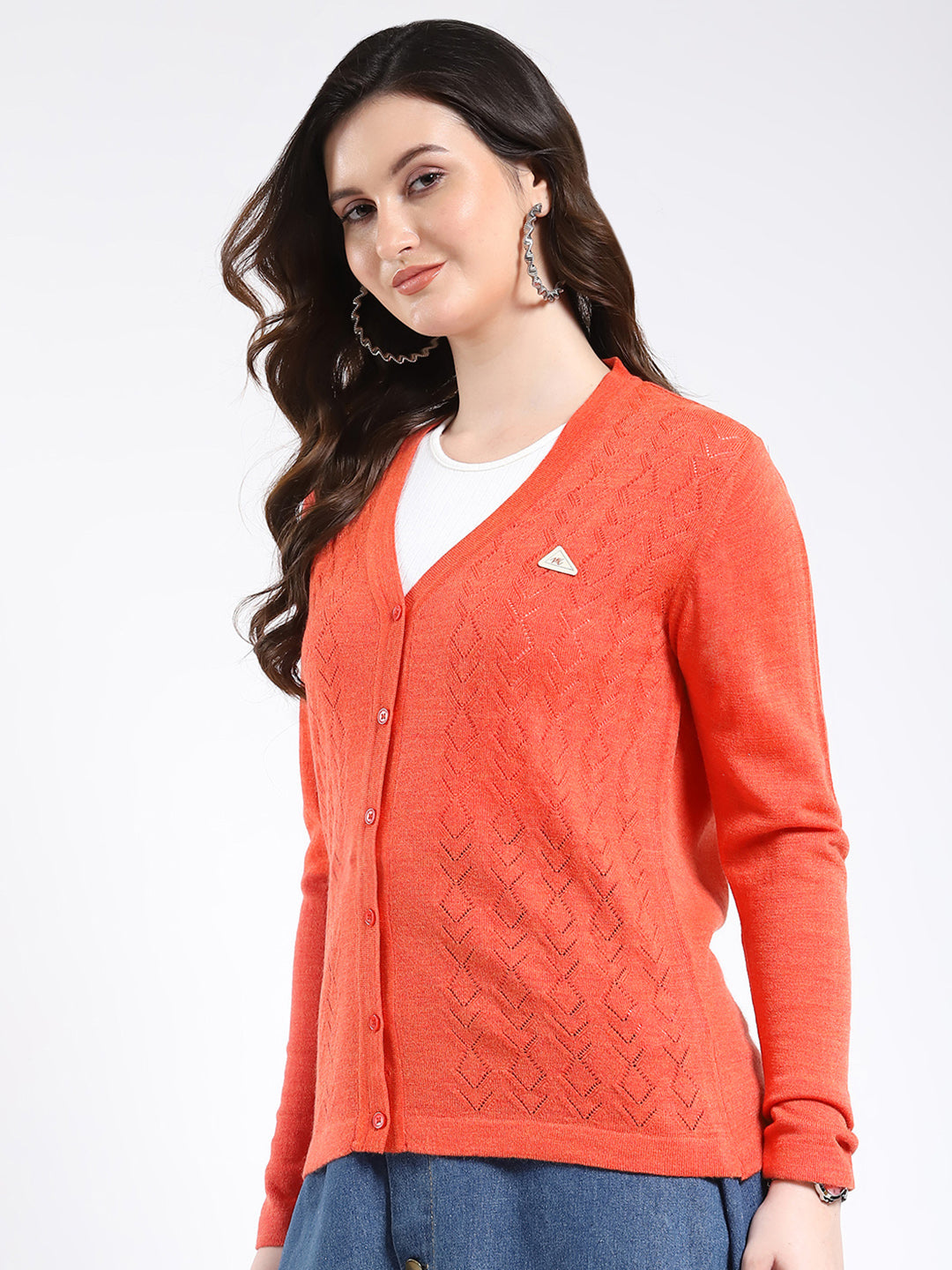 Women Orange Self Design V Neck Full Sleeve Cardigan