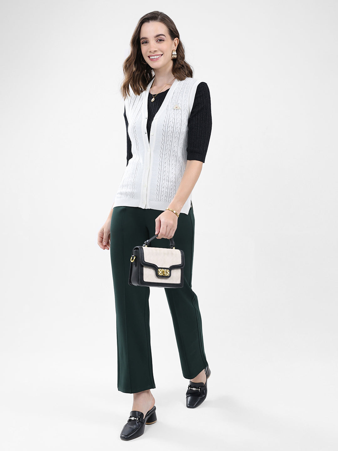 Women White Self Design V Neck Sleeveless Cardigan