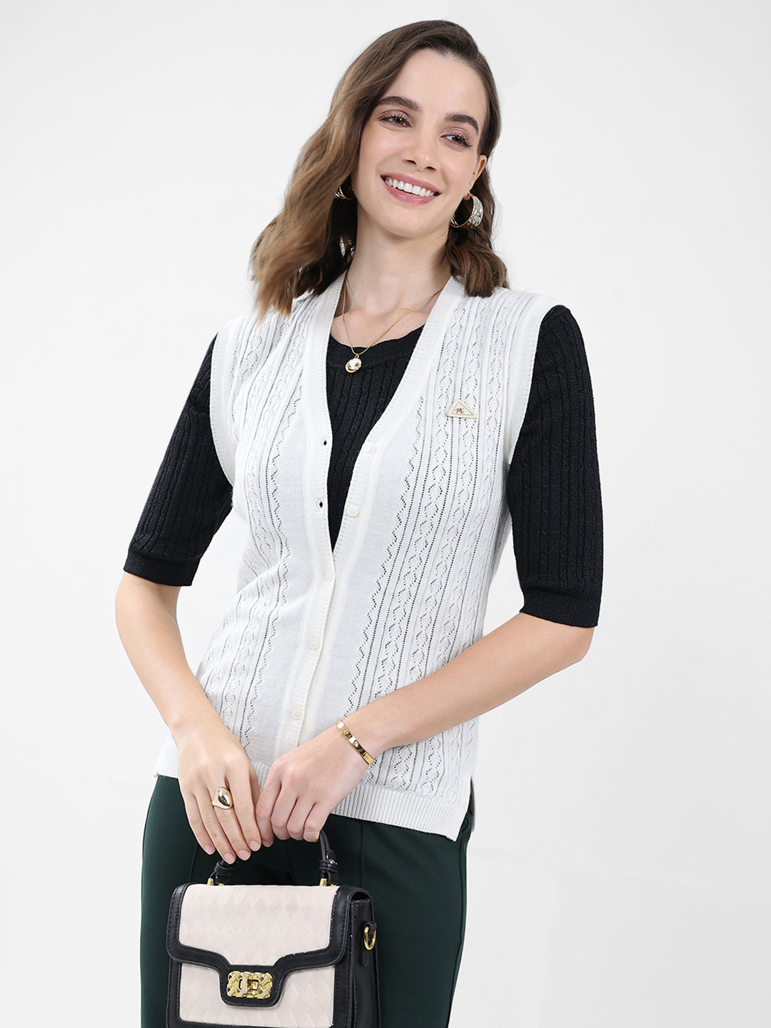 Women White Self Design V Neck Sleeveless Cardigan