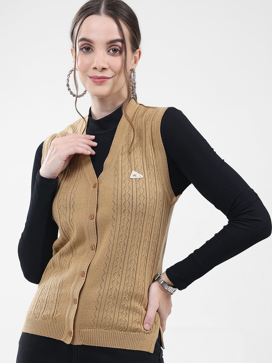 Women Brown Self Design V Neck Sleeveless Cardigan