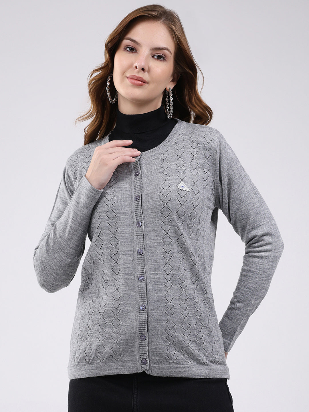 Women Grey Self Design Round Neck Full Sleeve Cardigan