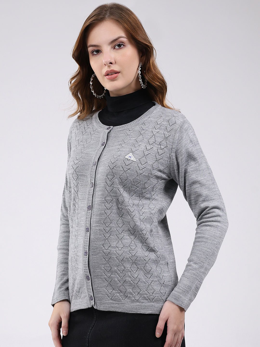 Women Grey Self Design Round Neck Full Sleeve Cardigan
