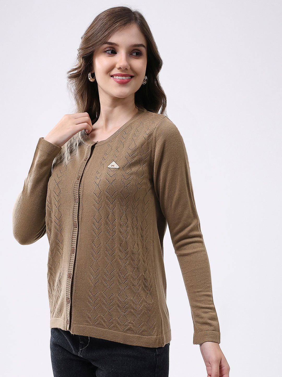 Women Khaki Self Design Round Neck Full Sleeve Cardigan