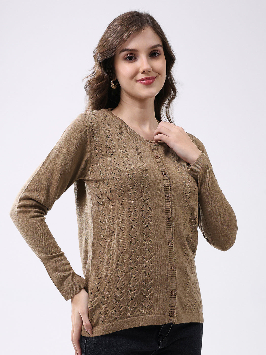 Women Khaki Self Design Round Neck Full Sleeve Cardigan
