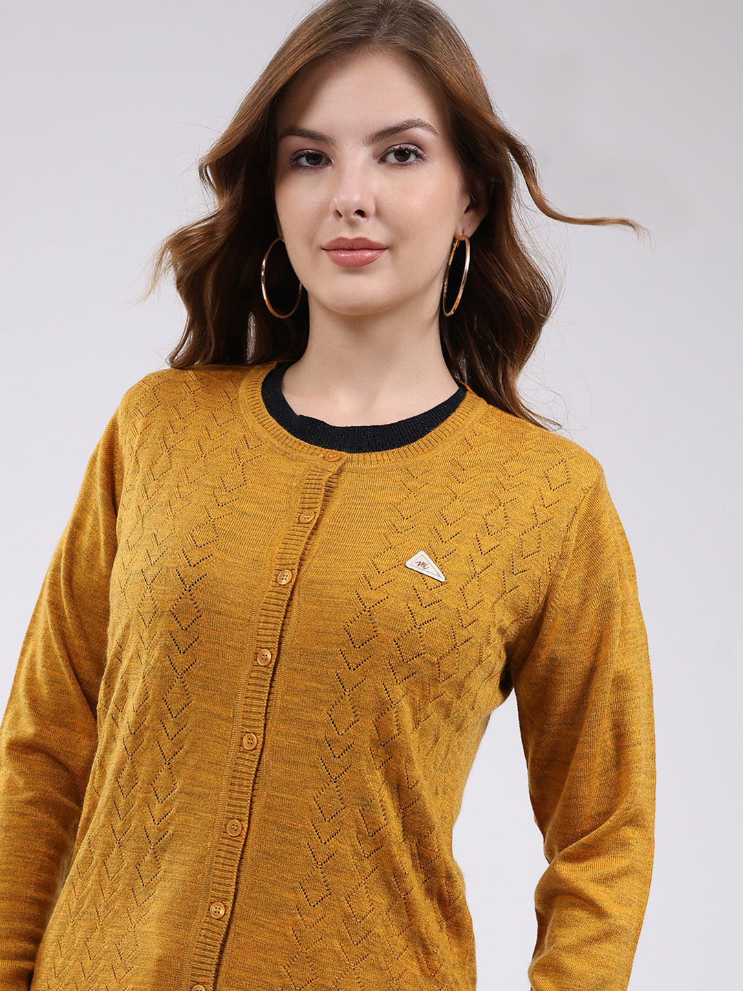 Women Mustard Self Design Round Neck Full Sleeve Cardigan