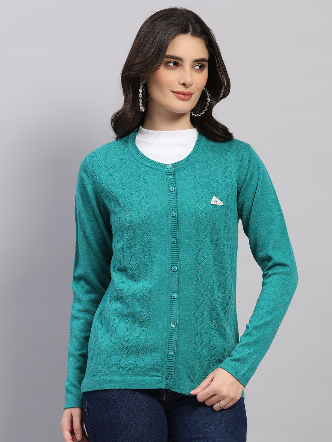 Women Green Self Design Round Neck Full Sleeve Cardigan