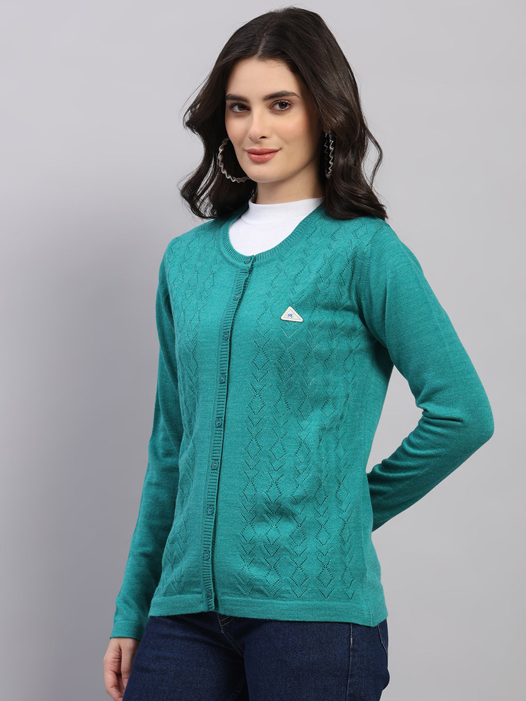 Women Green Self Design Round Neck Full Sleeve Cardigan