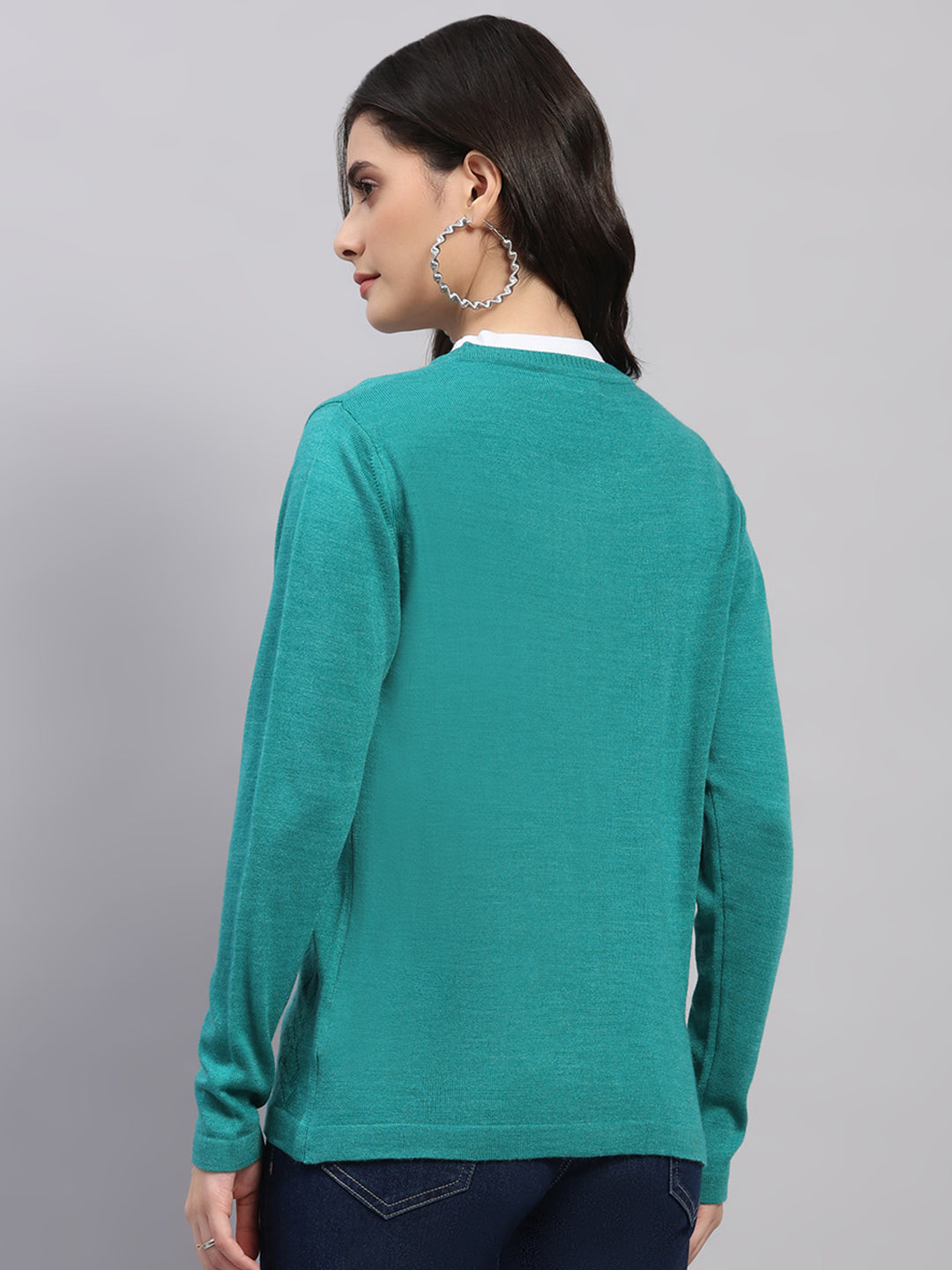 Women Green Self Design Round Neck Full Sleeve Cardigan