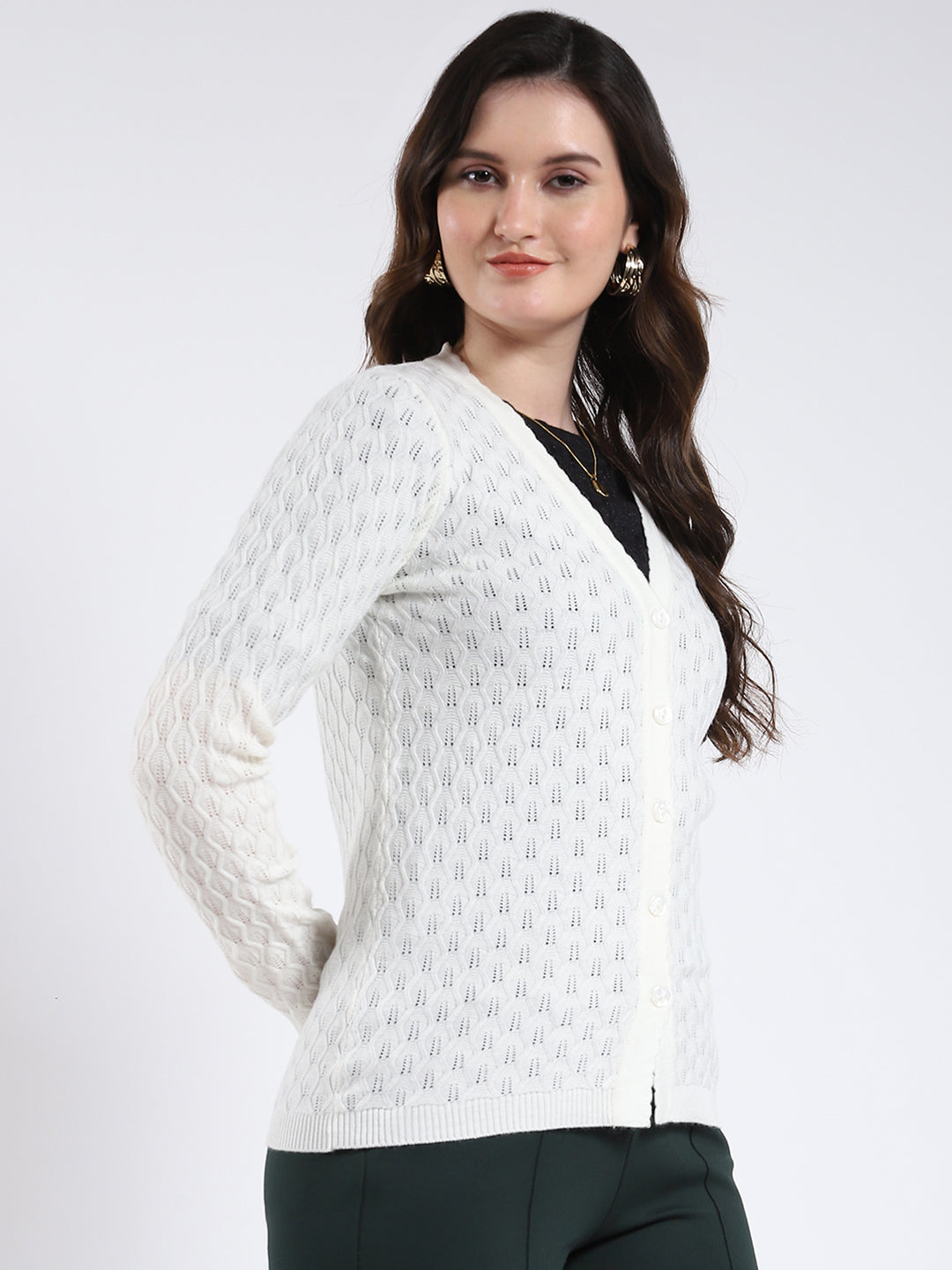Women Off White Self Design V Neck Full Sleeve Cardigan