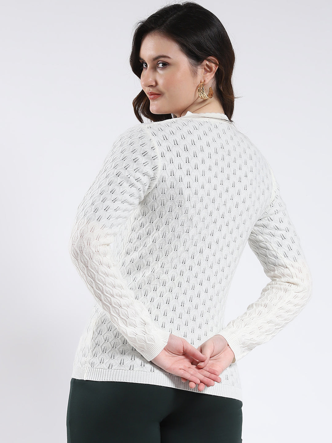 Women Off White Self Design V Neck Full Sleeve Cardigan
