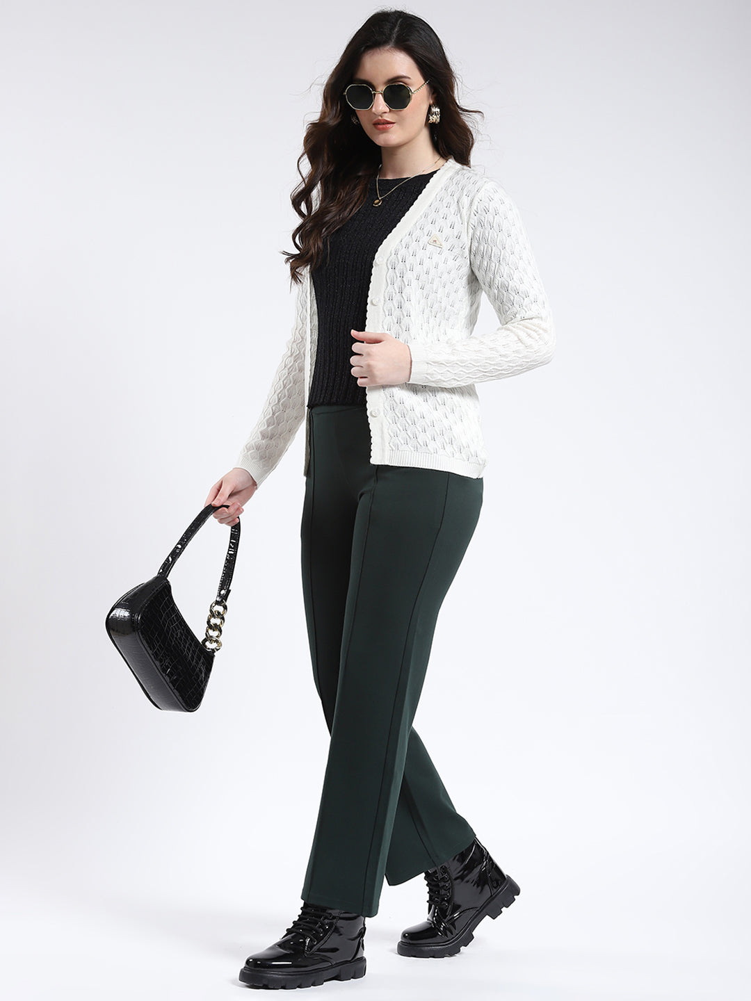 Women Off White Self Design V Neck Full Sleeve Cardigan