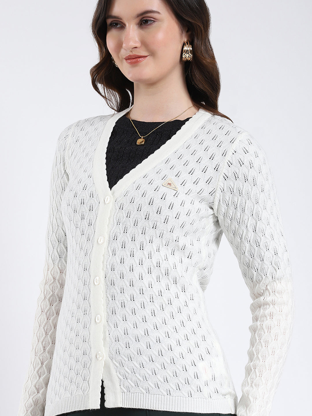 Women Off White Self Design V Neck Full Sleeve Cardigan