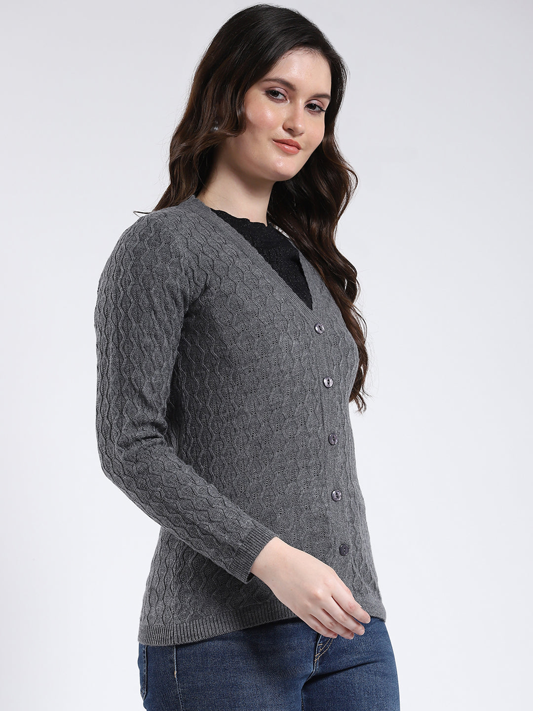 Women Grey Self Design V Neck Full Sleeve Cardigan