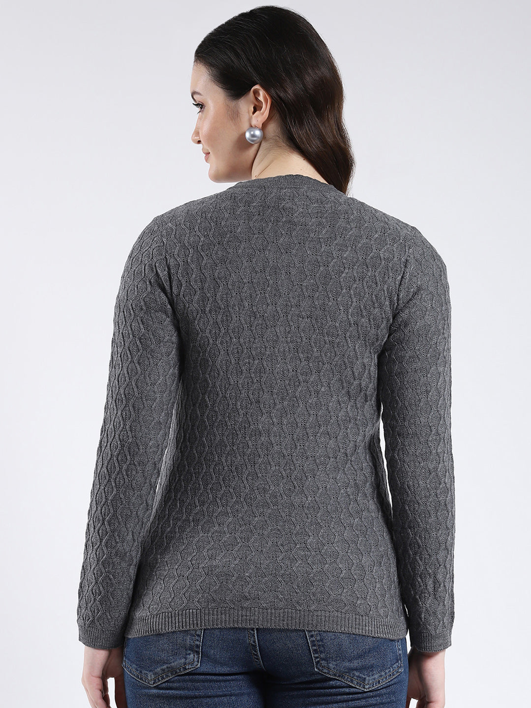 Women Grey Self Design V Neck Full Sleeve Cardigan