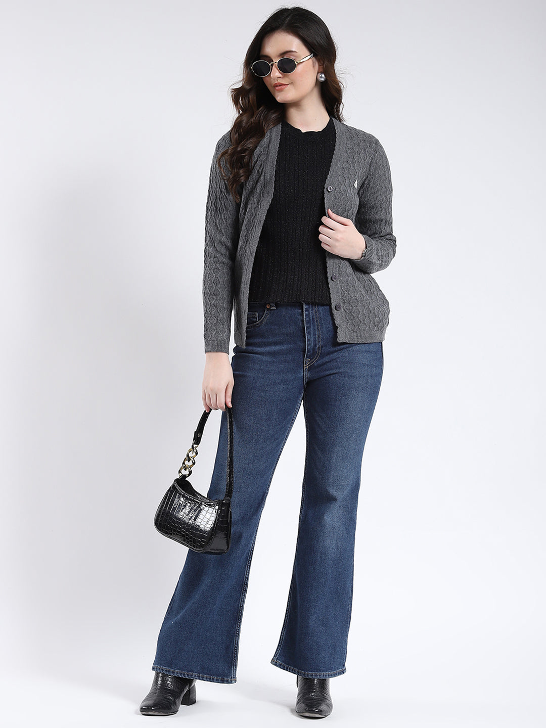 Women Grey Self Design V Neck Full Sleeve Cardigan