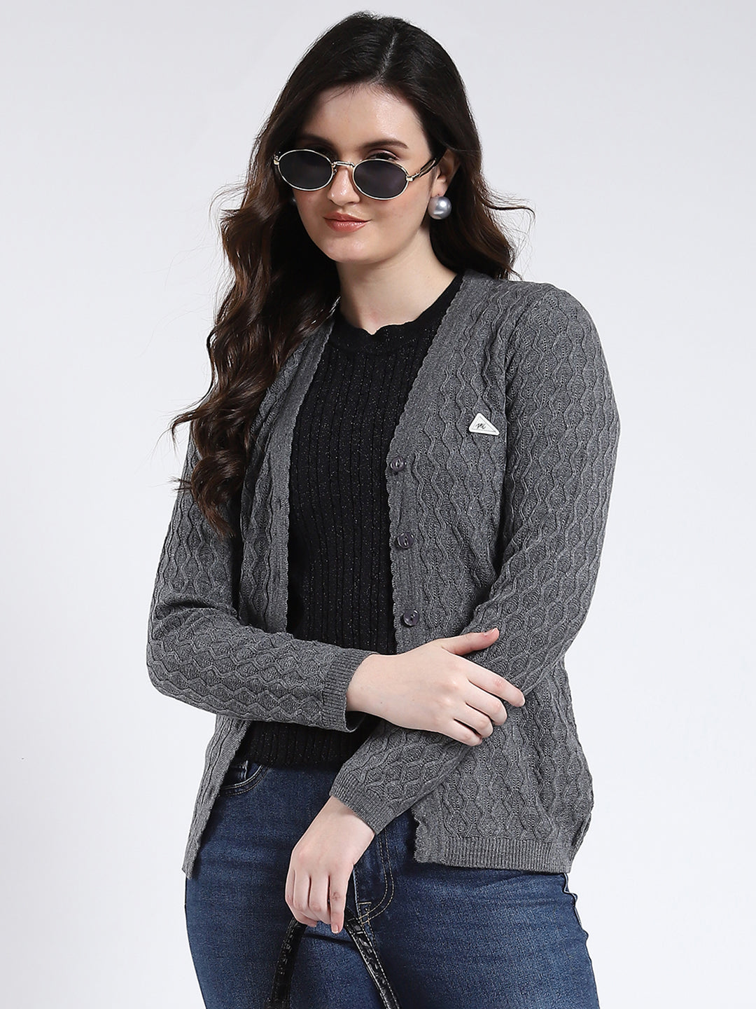 Women Grey Self Design V Neck Full Sleeve Cardigan
