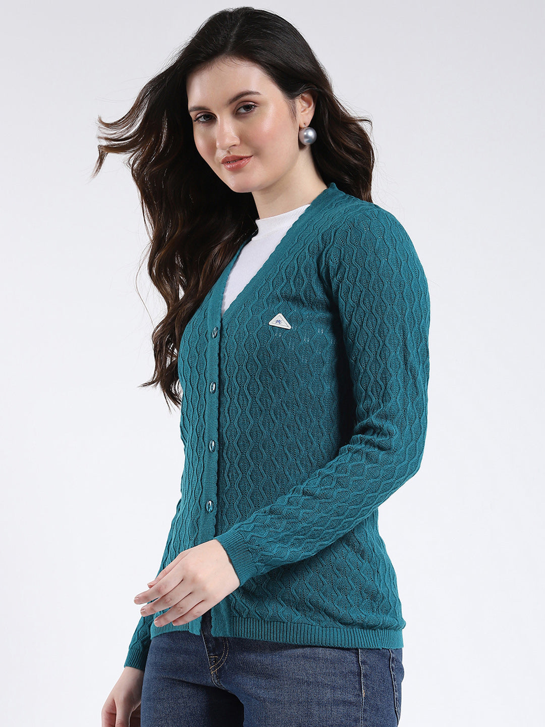 Women Teal Blue Self Design V Neck Full Sleeve Cardigan